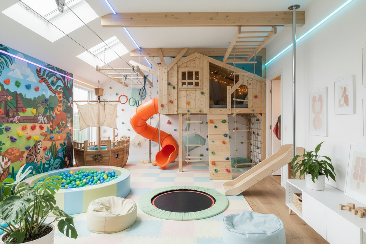 A large children's playroom with a wooden house play structure, orange spiral slide, climbing walls, ball pit, trampoline, bean bags, plants, and a colorful animal mural on the wall.